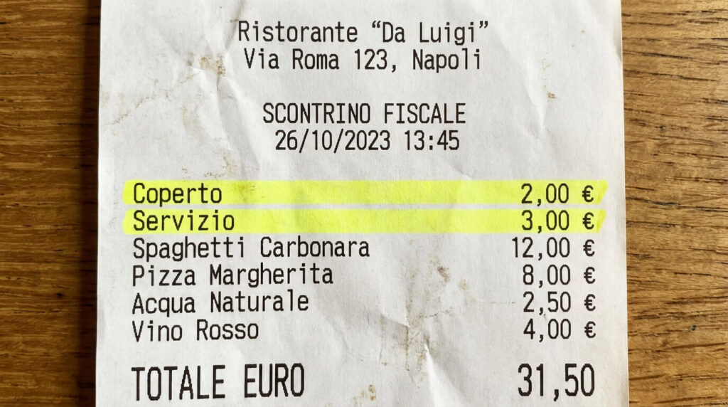 Carte de restaurant italien avec mention coperto, frais à repérer avant de commander